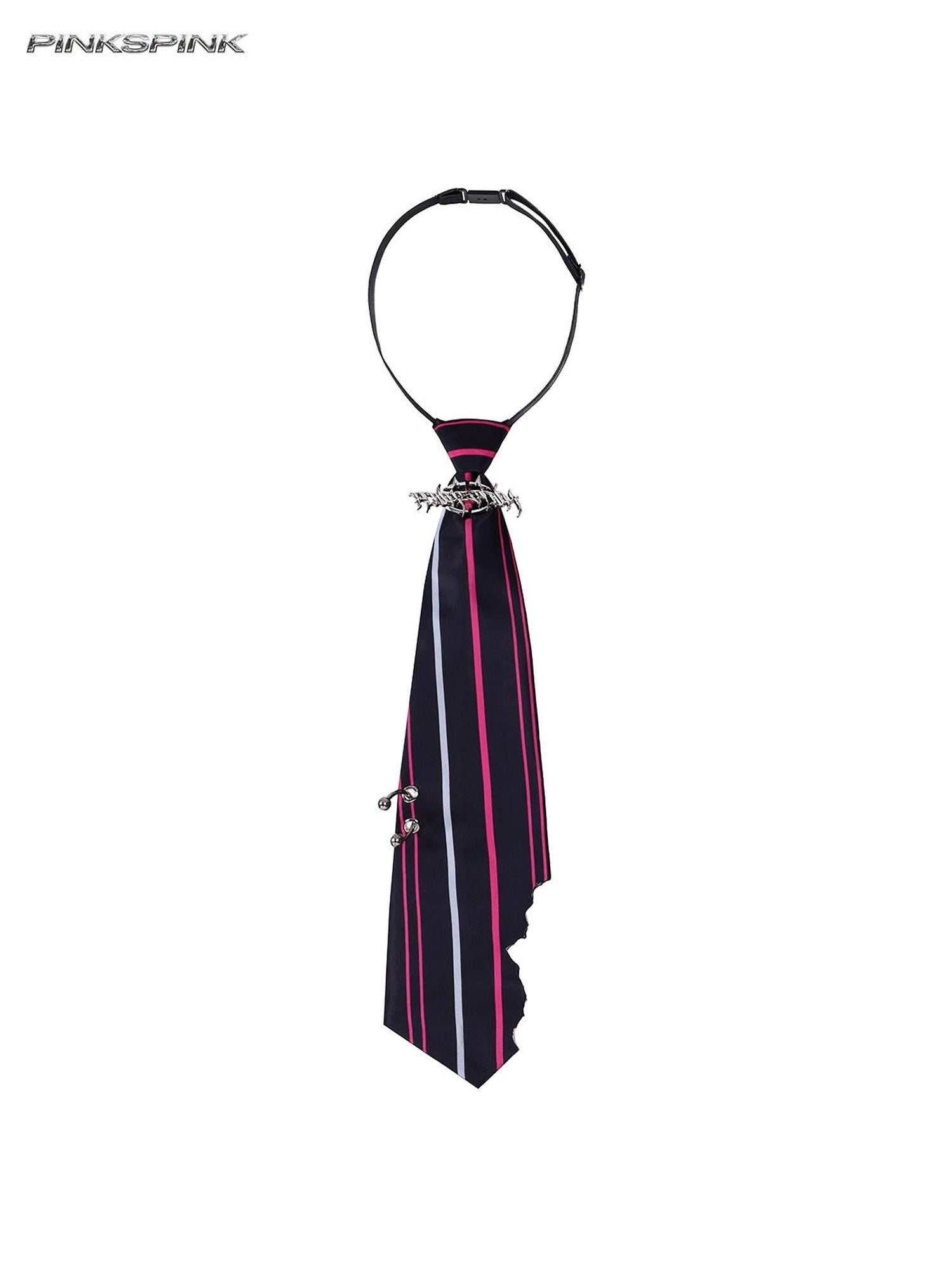 PINKSPINK Silver Pink Striped Perforated Ring Handcut Burnt Women's Neckties