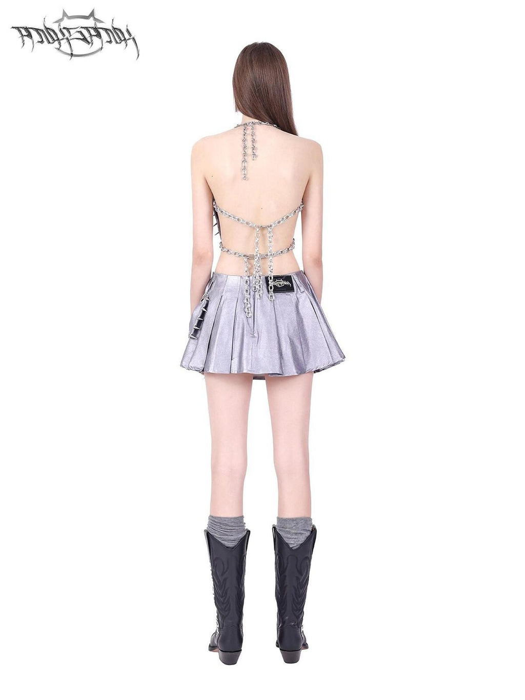 PINKSPINK Silver Studded 3d Bow Embroidered Cutout Asymmetric Tie Back Women's Halter Tops