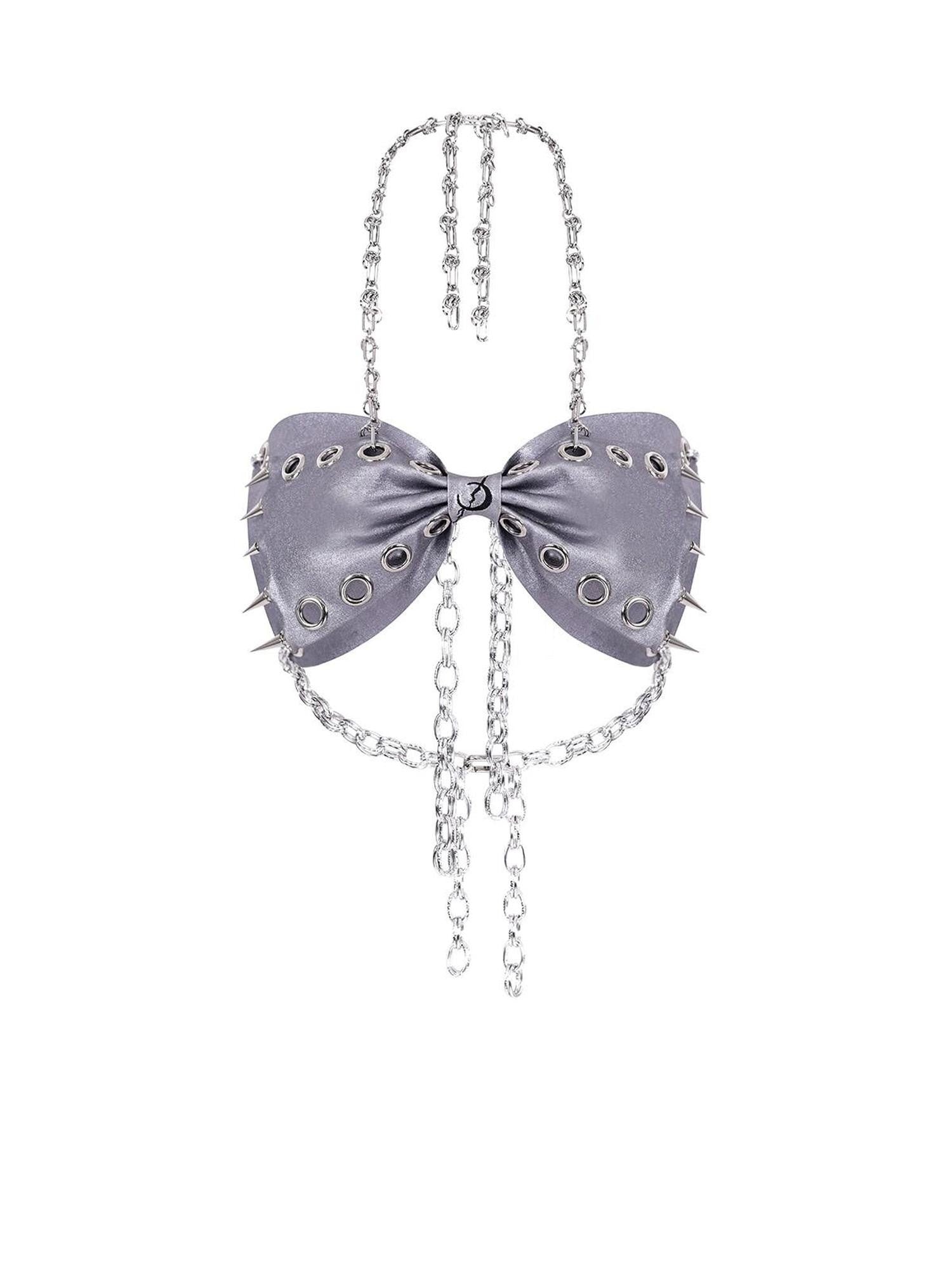 PINKSPINK Silver Studded 3d Bow Embroidered Cutout Asymmetric Tie Back Women's Halter Tops