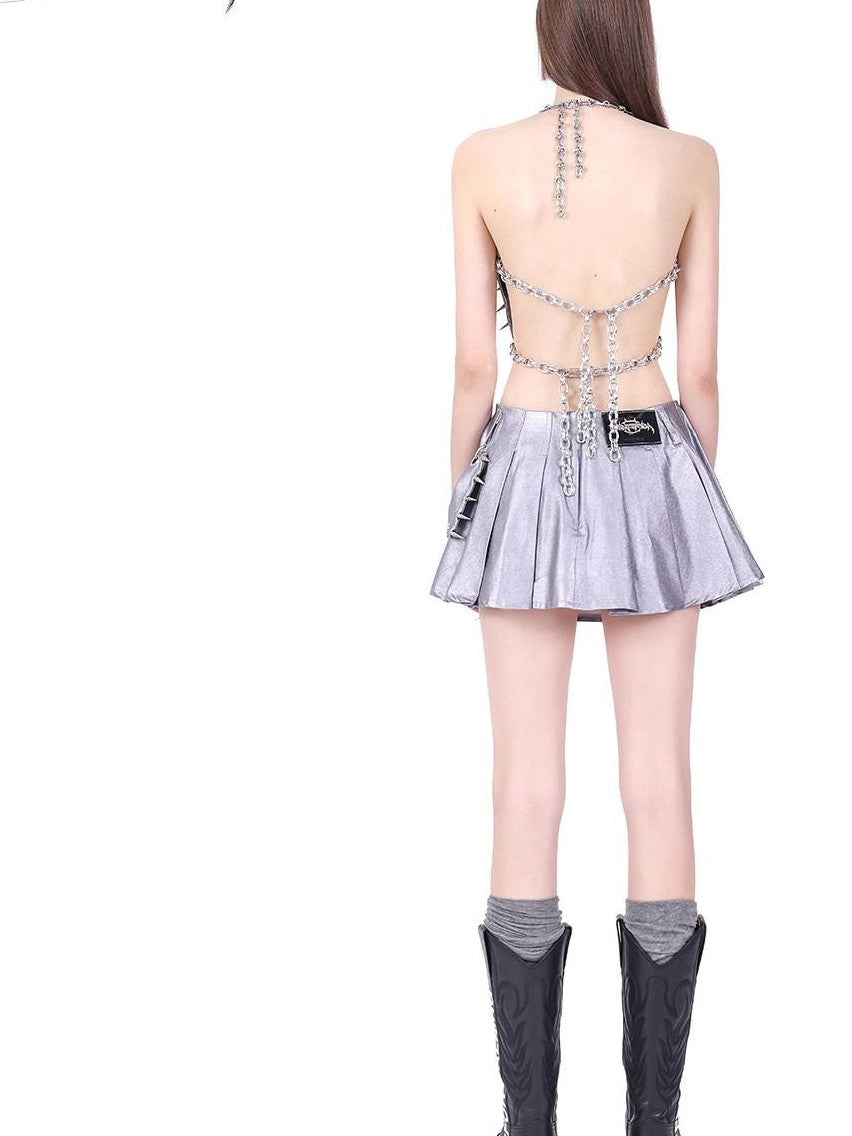 PINKSPINK Silver Studded 3d Bow Embroidered Cutout Asymmetric Tie Back Women's Halter Tops