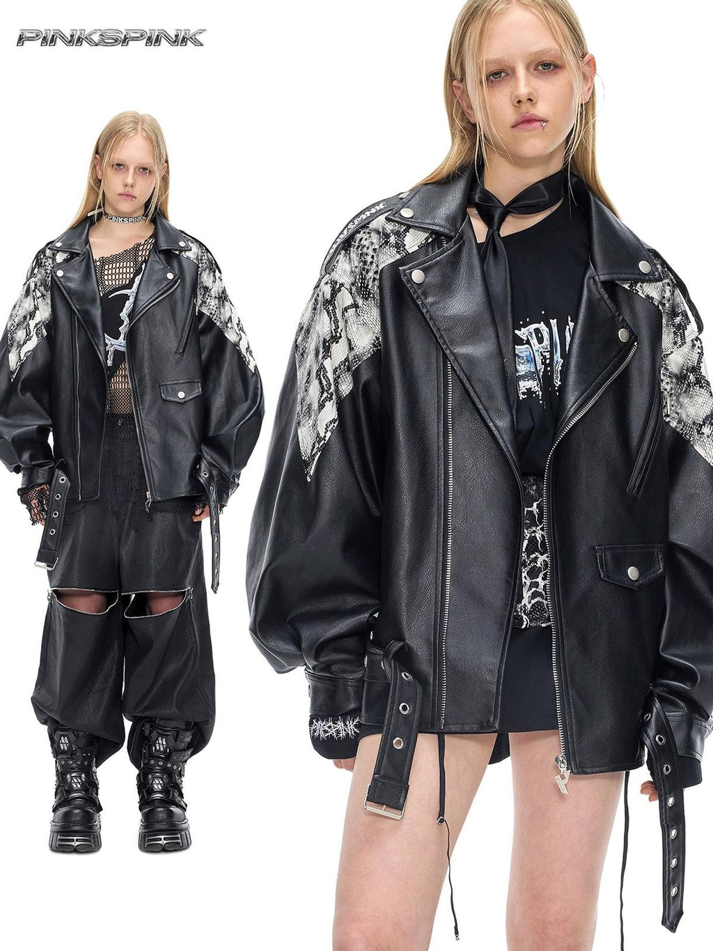 PINKSPINK Snake Print Punk Loose Fit Women's Pu Leather Jackets