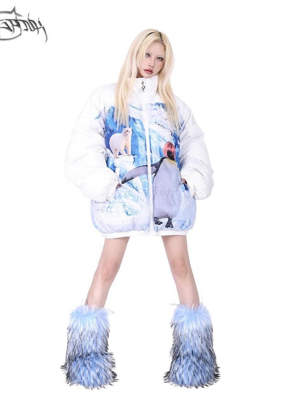 PINKSPINK Snow Mountain Polar Bear Print Oversized Women's Cotton Puffer Jackets