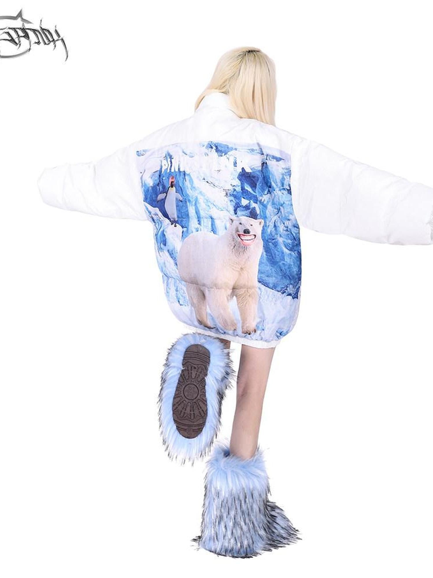 PINKSPINK Snow Mountain Polar Bear Print Oversized Women's Cotton Puffer Jackets