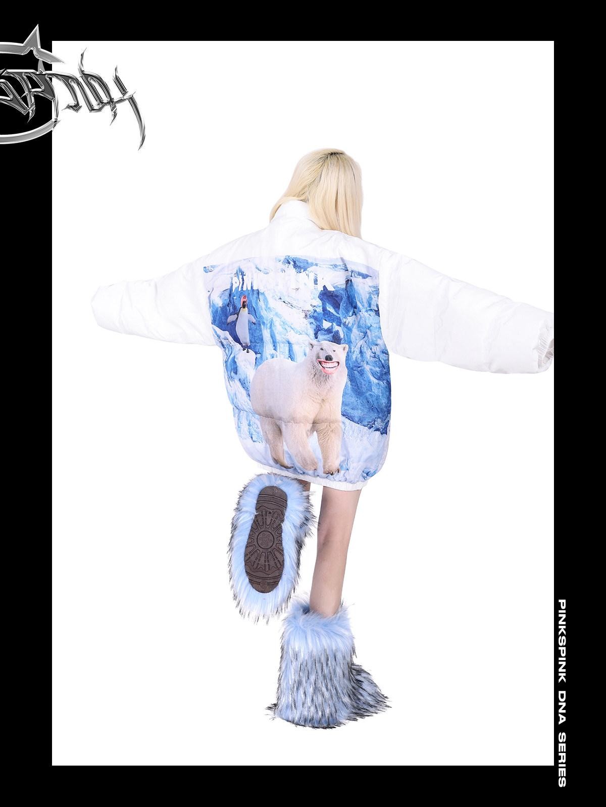PINKSPINK Snow Mountain Polar Bear Print Oversized Women's Cotton Puffer Jackets