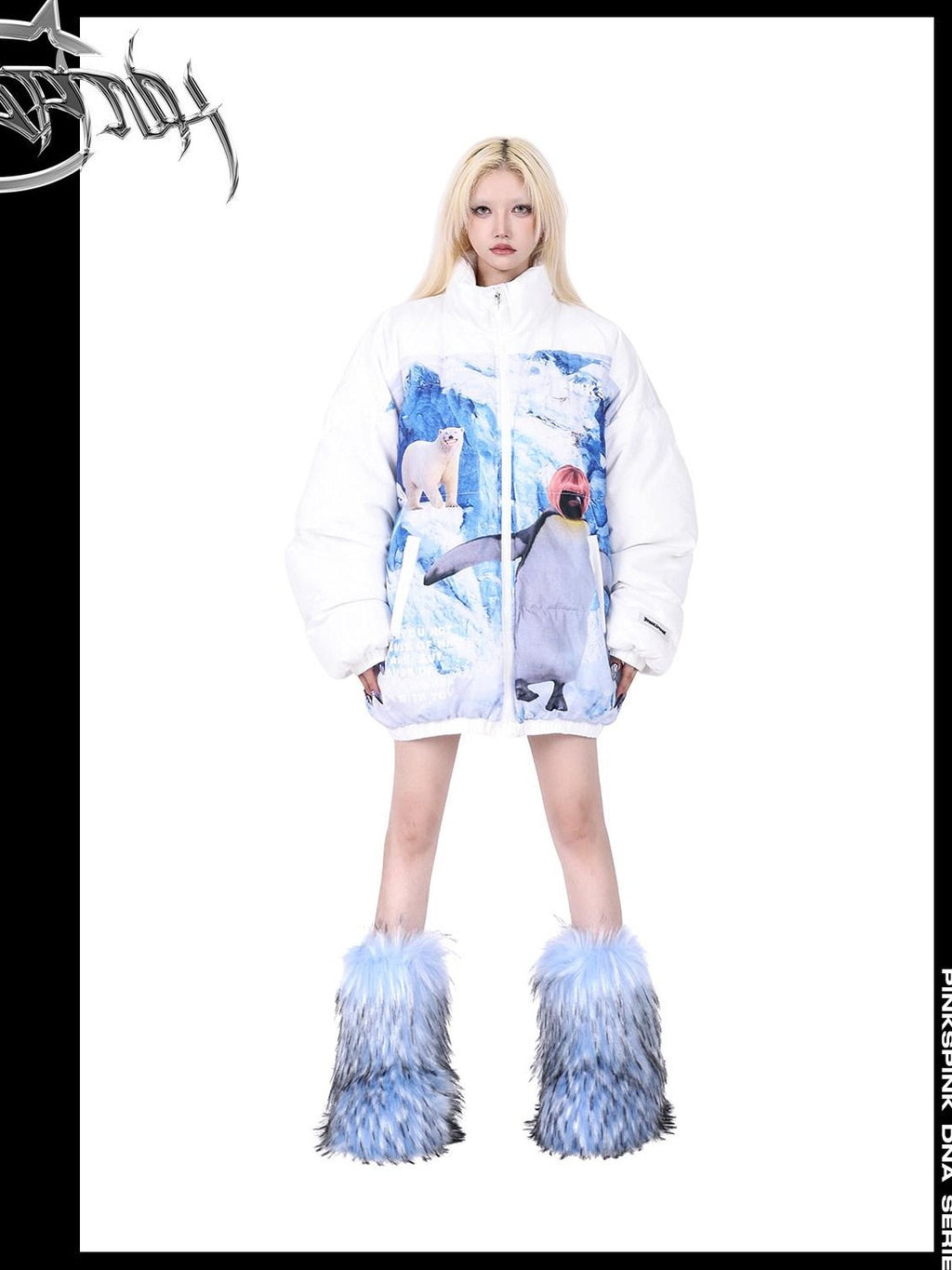 PINKSPINK Snow Mountain Polar Bear Print Stand Collar Women's Cotton Padded Puffer Jackets