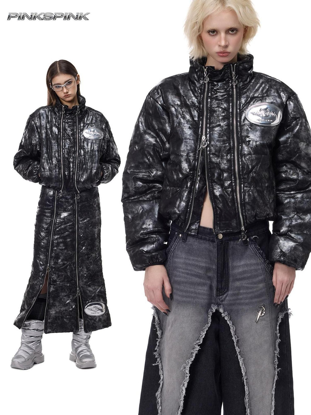 PINKSPINK Space Black Silver Double Zipper Hooded Women's Polyester Padded Cropped Jackets