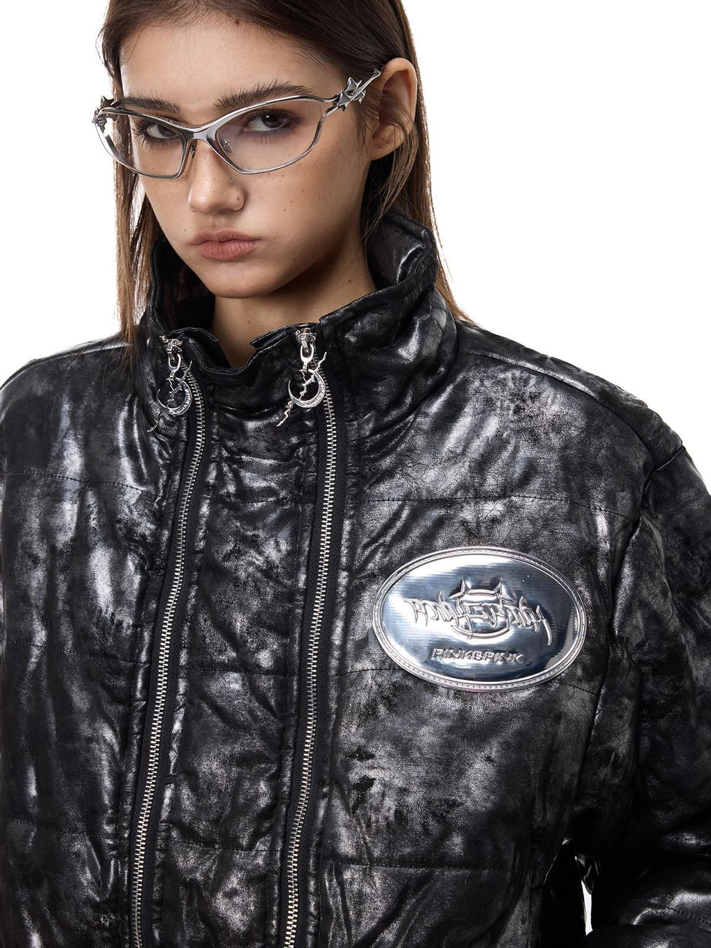 PINKSPINK Space Black Silver Double Zipper Hooded Women's Polyester Padded Cropped Jackets