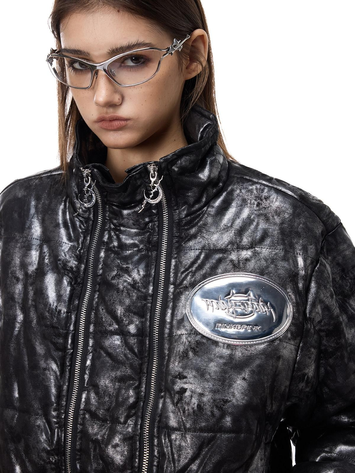 PINKSPINK Space Black Silver Double Zipper Hooded Women's Polyester Padded Cropped Jackets