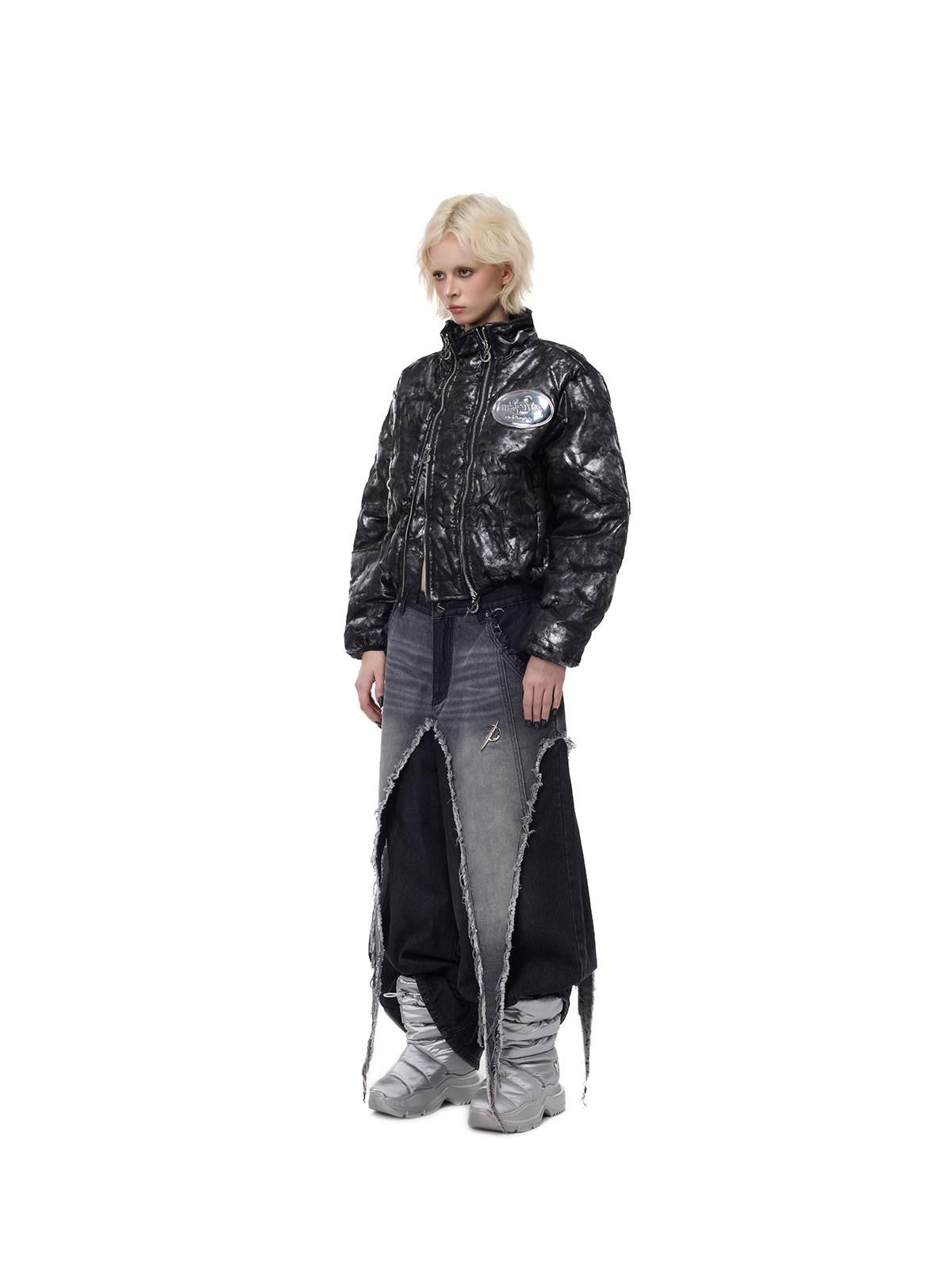 PINKSPINK Space Black Silver Double Zipper Hooded Women's Polyester Padded Cropped Jackets