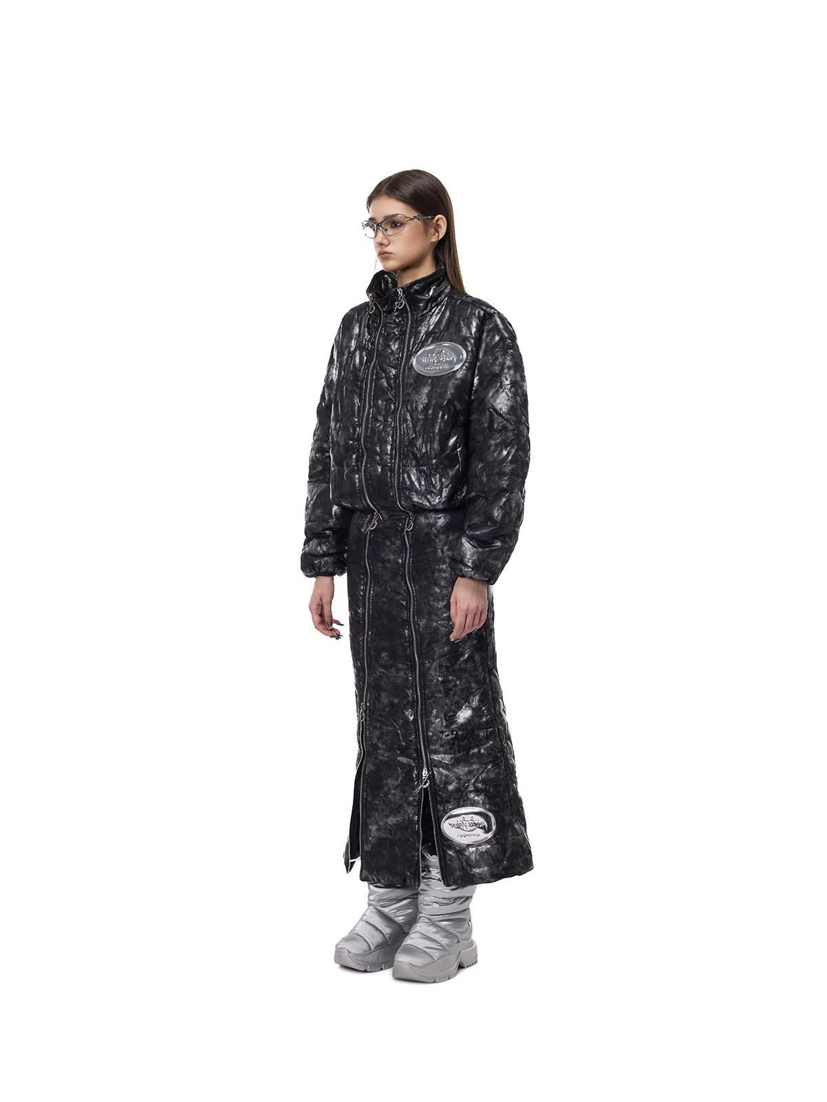 PINKSPINK Space Black Silver Double Zipper Hooded Women's Polyester Padded Cropped Jackets
