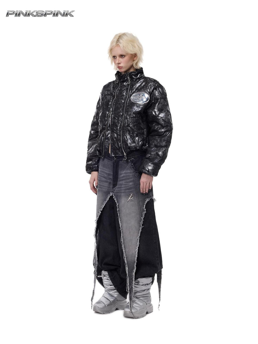 PINKSPINK Space Black Silver Double Zipper Hooded Women's Polyester Padded Cropped Jackets