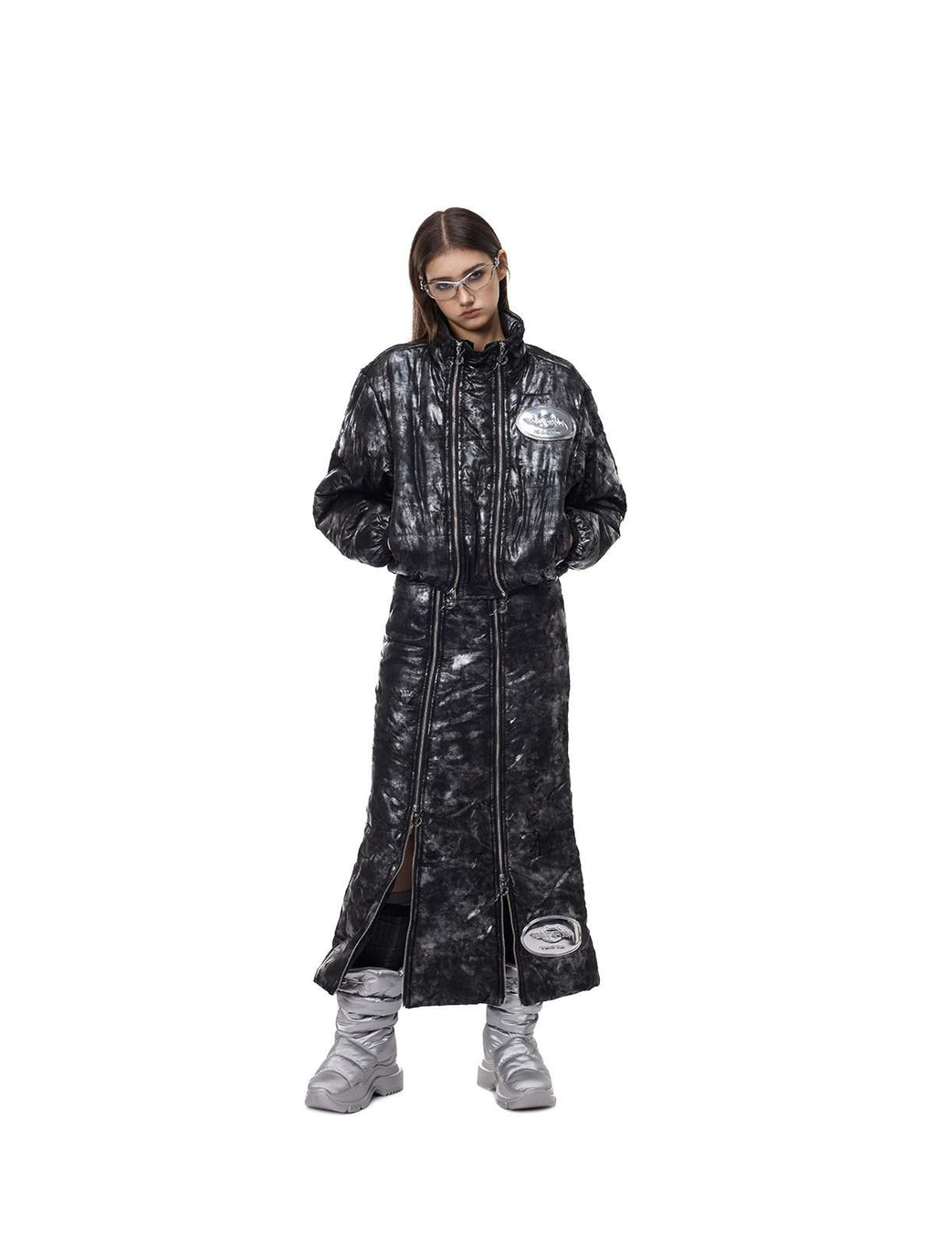 PINKSPINK Space Black Silver Double Zipper Hooded Women's Polyester Padded Cropped Jackets