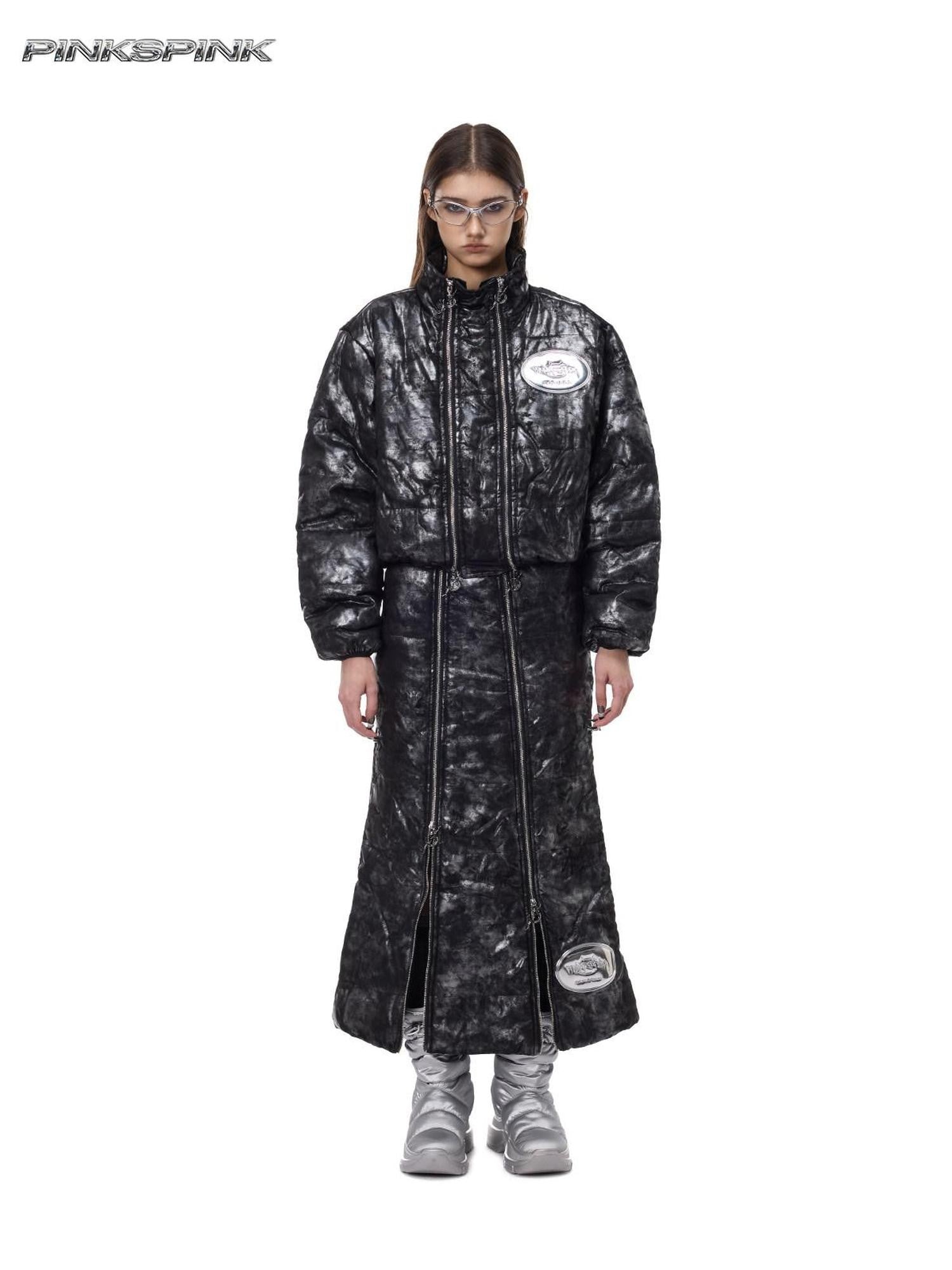 PINKSPINK Space Black Silver Double Zipper Hooded Women's Polyester Padded Cropped Jackets