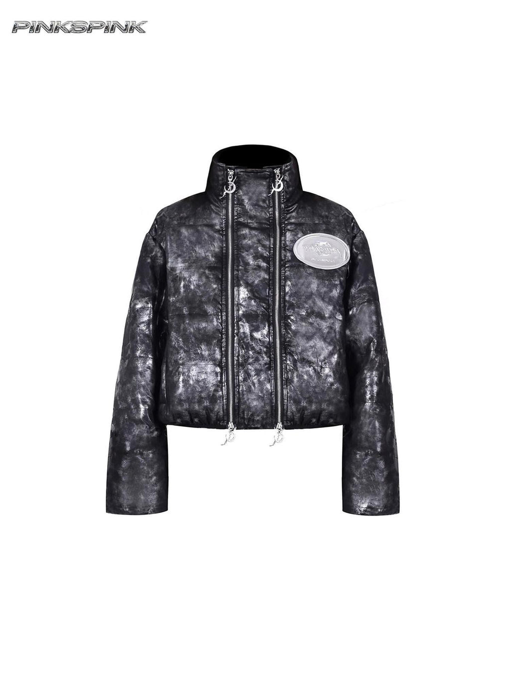 PINKSPINK Space Black Silver Double Zipper Hooded Women's Polyester Padded Cropped Jackets