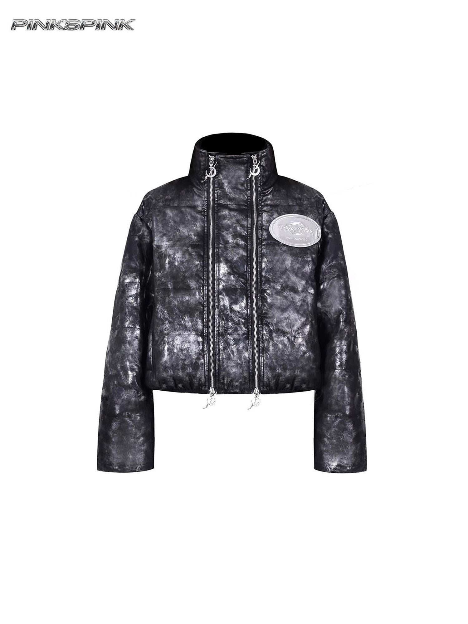 PINKSPINK Space Black Silver Double Zipper Hooded Women's Polyester Padded Cropped Jackets