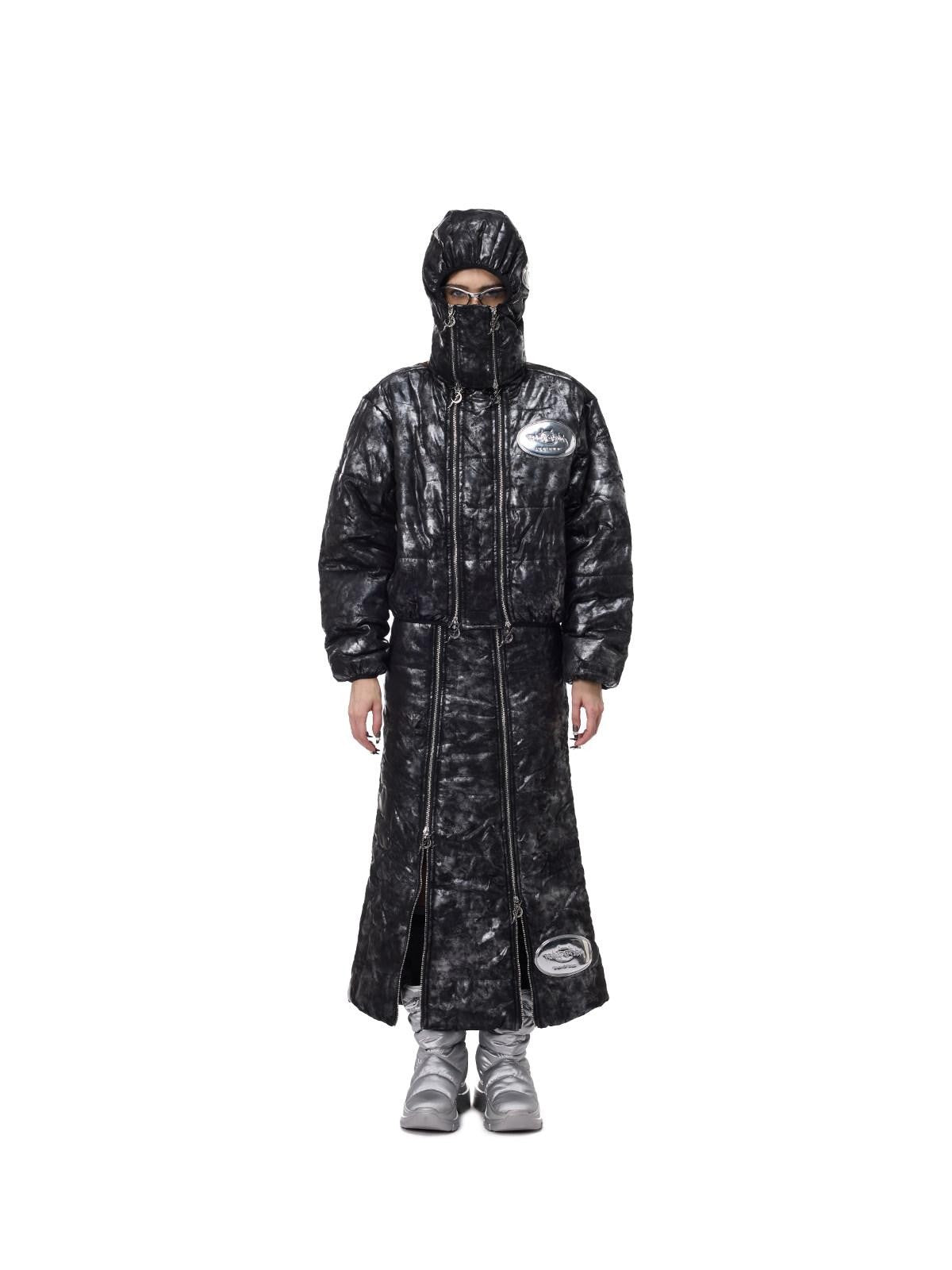 PINKSPINK Space Black Silver Double Zipper Hooded Women's Polyester Padded Cropped Jackets