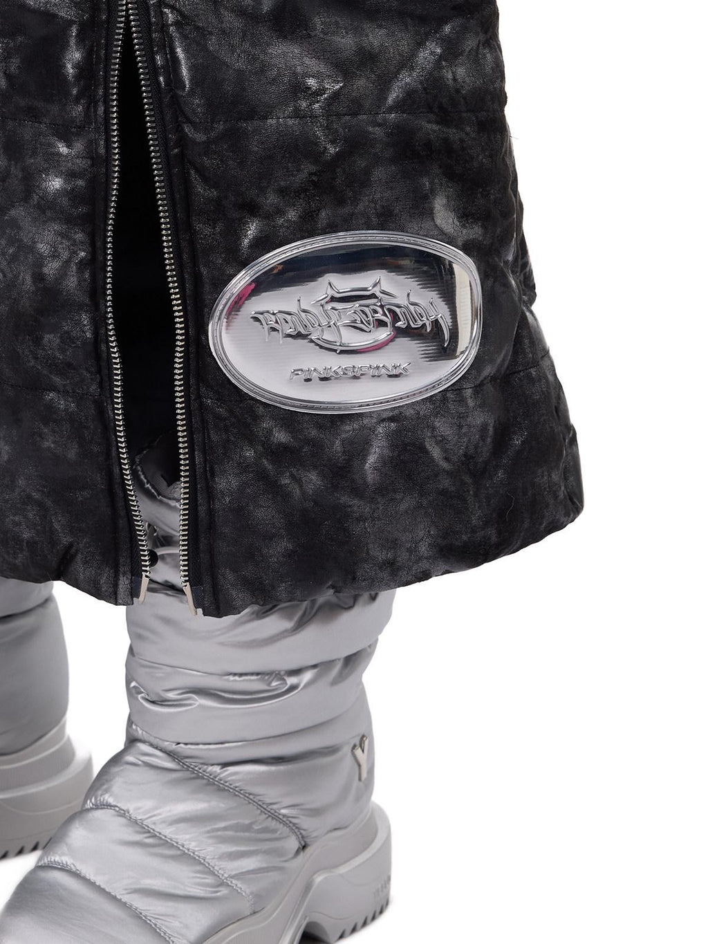 PINKSPINK Space Black Silver Double Zipper Y2k Women's Padded Cotton A-line Skirts