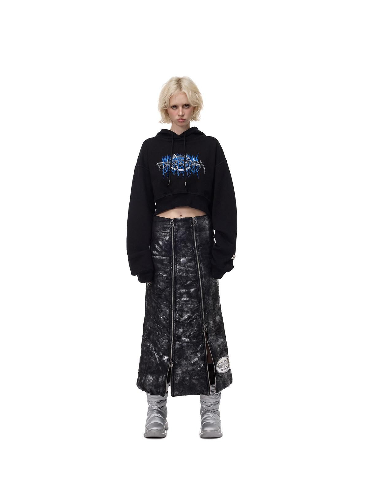 PINKSPINK Space Black Silver Double Zipper Y2k Women's Padded Cotton A-line Skirts