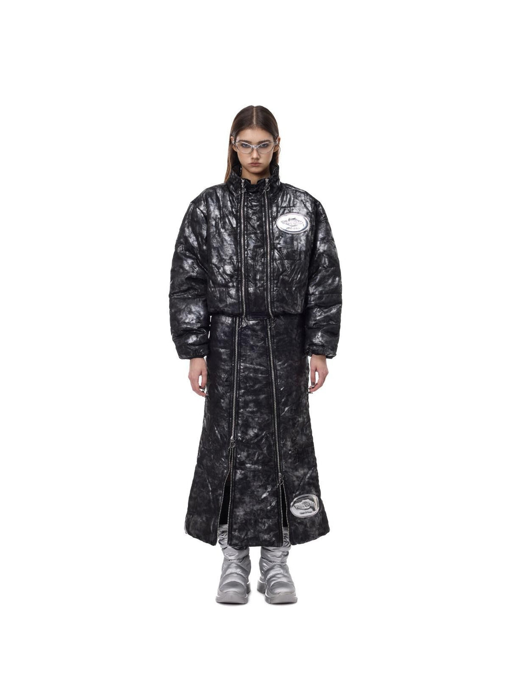 PINKSPINK Space Black Silver Double Zipper Y2k Women's Padded Cotton A-line Skirts