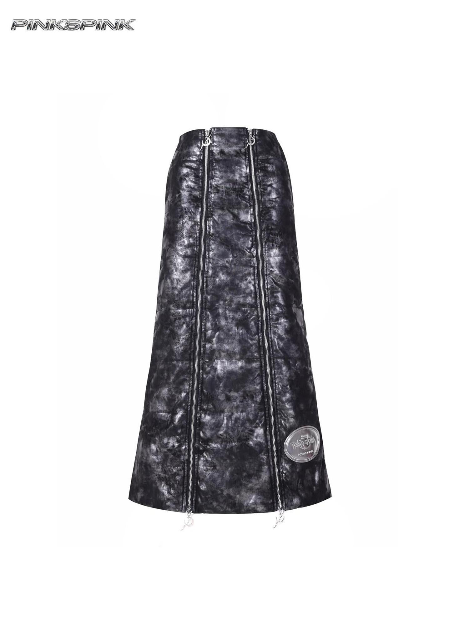 PINKSPINK Space Black Silver Double Zipper Y2k Women's Padded Cotton A-line Skirts