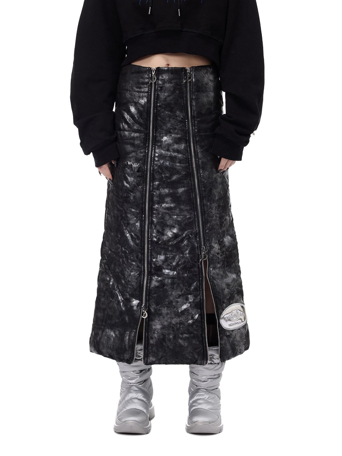 PINKSPINK Space Black Silver Double Zipper Y2k Women's Padded Cotton A-line Skirts
