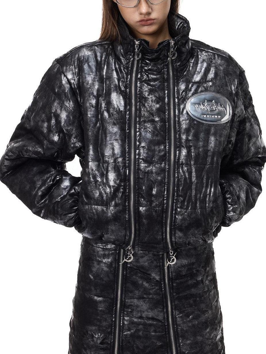 PINKSPINK Space Black Silver Dual Zip Hooded Women's Padded Cropped Jackets