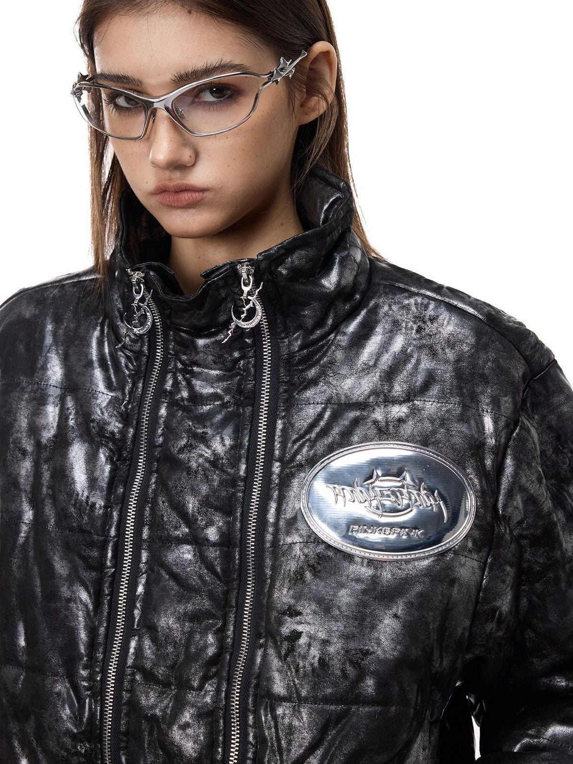 PINKSPINK Space Black Silver Dual Zip Hooded Women's Padded Cropped Jackets