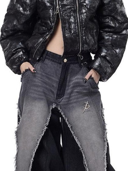 PINKSPINK Space Black Silver Dual Zip Hooded Women's Padded Cropped Jackets