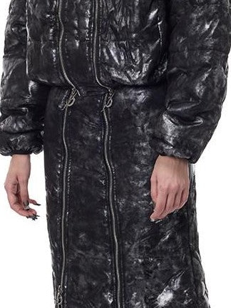 PINKSPINK Space Black Silver Dual Zip Hooded Women's Padded Cropped Jackets