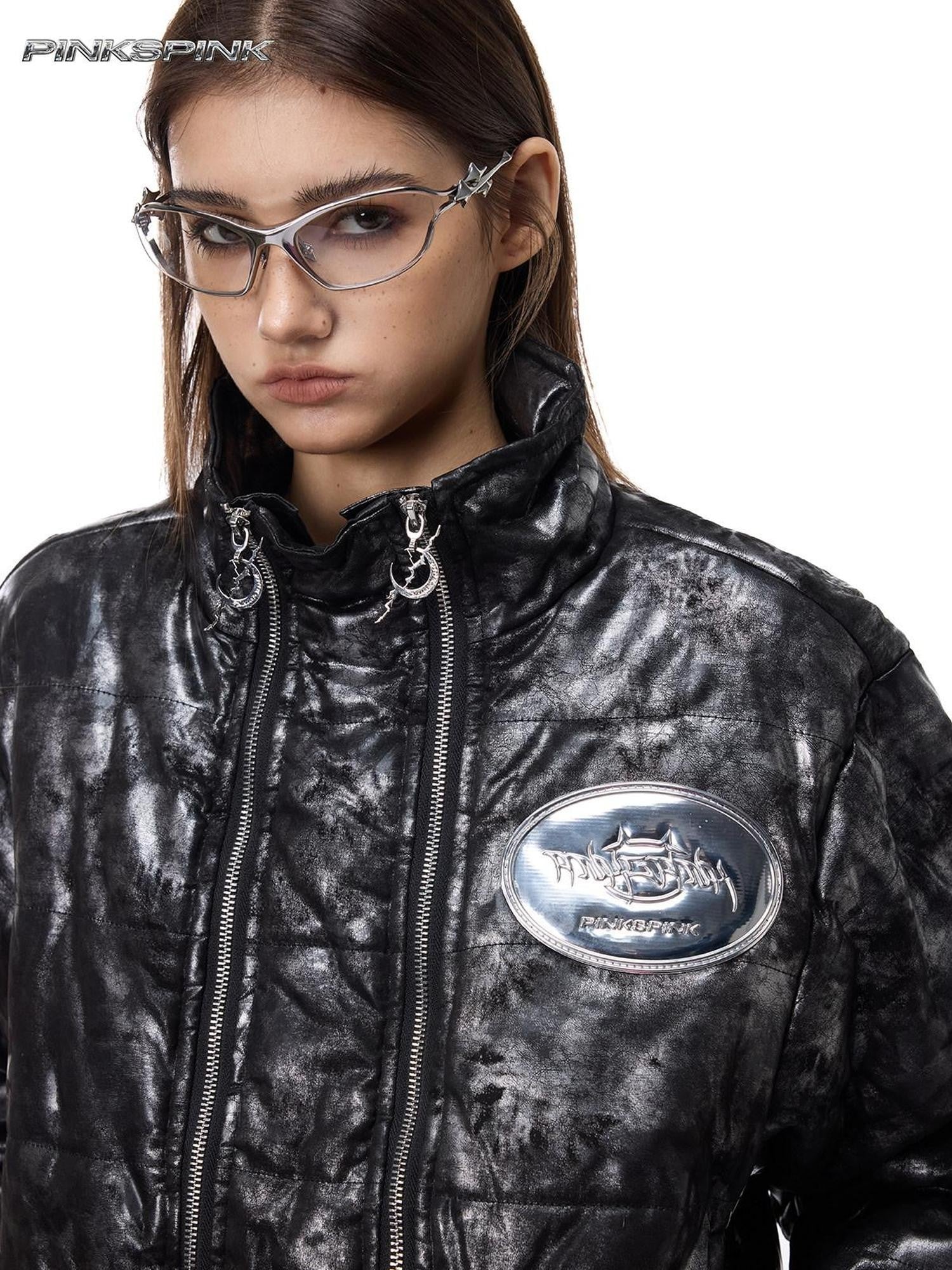 PINKSPINK Space Black Silver Dual Zip Hooded Women's Padded Cropped Jackets