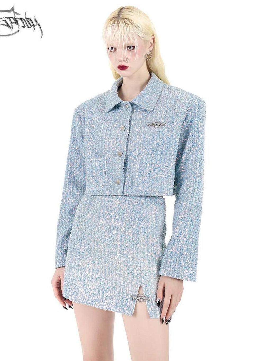 PINKSPINK Sparkling Sequin Polo Collar Button Jacket Skirt Women's Matching Skirt Sets