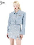 PINKSPINK Sparkling Sequin Polo Collar Button Jacket Skirt Women's Matching Skirt Sets