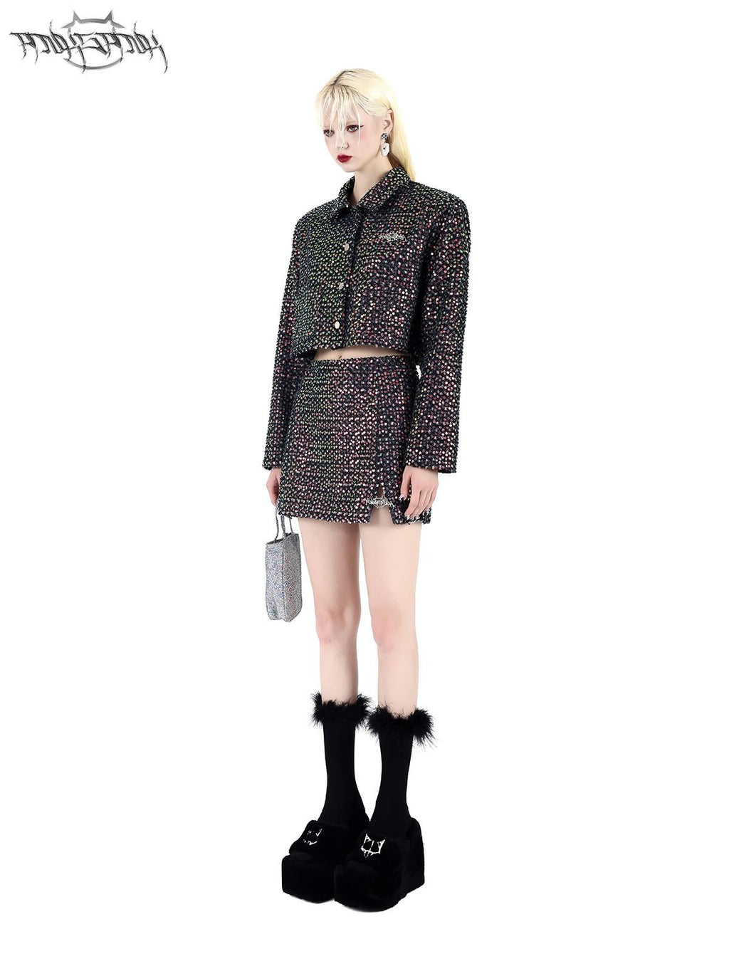 PINKSPINK Sparkling Sequin Polo Collar Button Jacket Skirt Women's Matching Skirt Sets