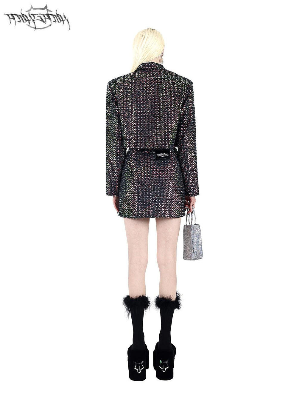 PINKSPINK Sparkling Sequin Polo Collar Button Jacket Skirt Women's Matching Skirt Sets