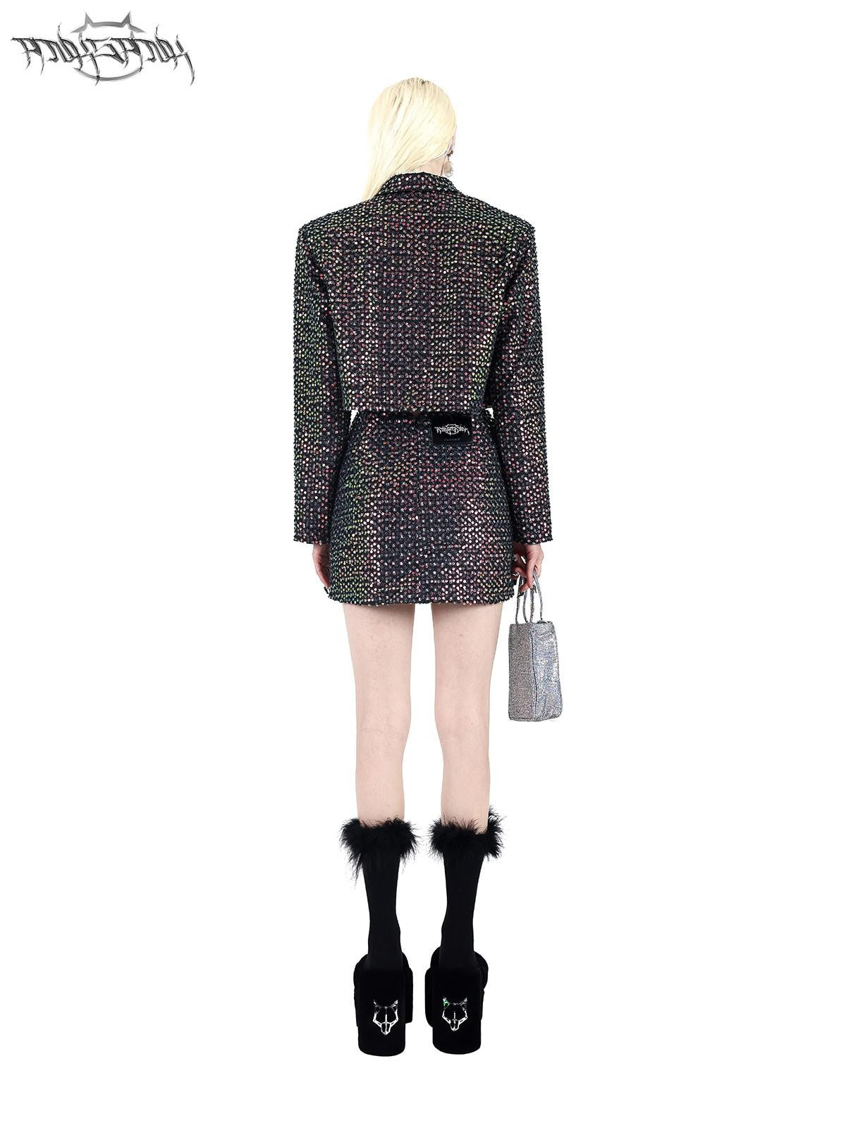 PINKSPINK Sparkling Sequin Polo Collar Button Jacket Skirt Women's Matching Skirt Sets