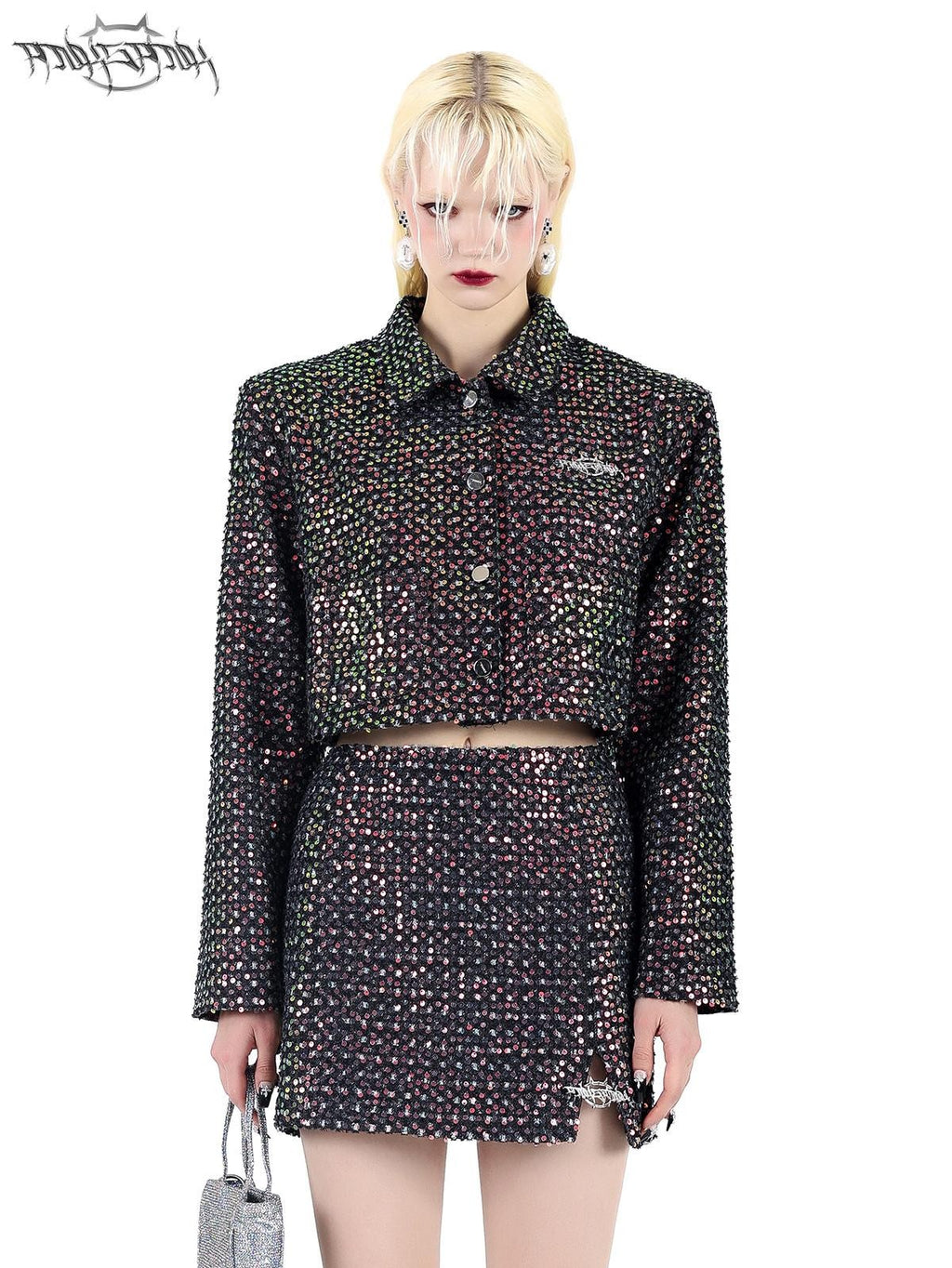 PINKSPINK Sparkling Sequin Polo Collar Button Jacket Skirt Women's Matching Skirt Sets