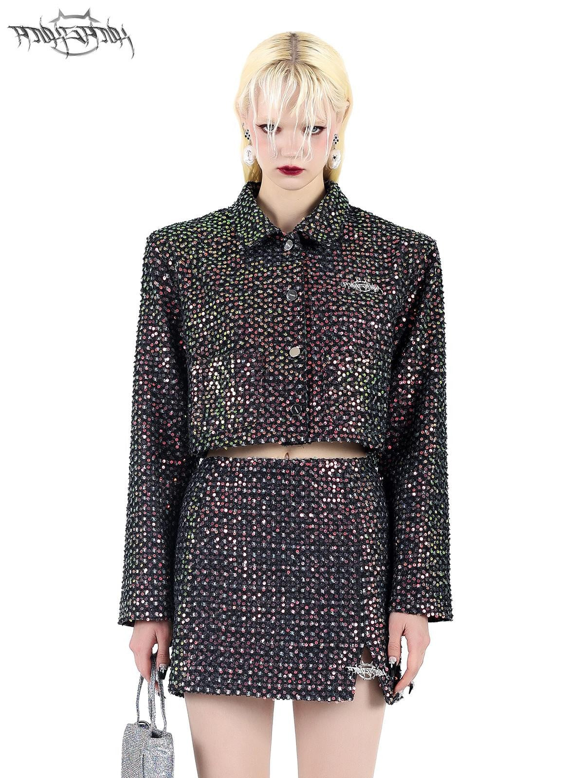PINKSPINK Sparkling Sequin Polo Collar Button Jacket Skirt Women's Matching Skirt Sets