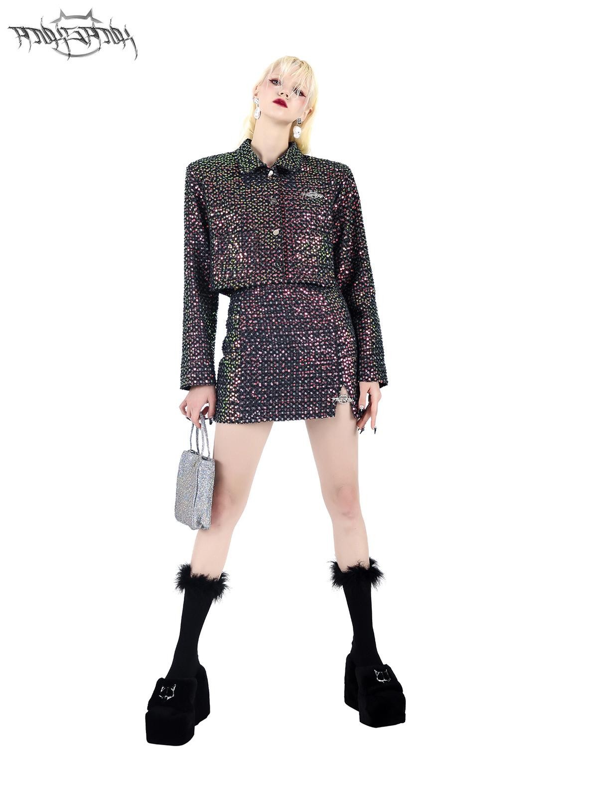 PINKSPINK Sparkling Sequin Polo Collar Button Jacket Skirt Women's Matching Skirt Sets