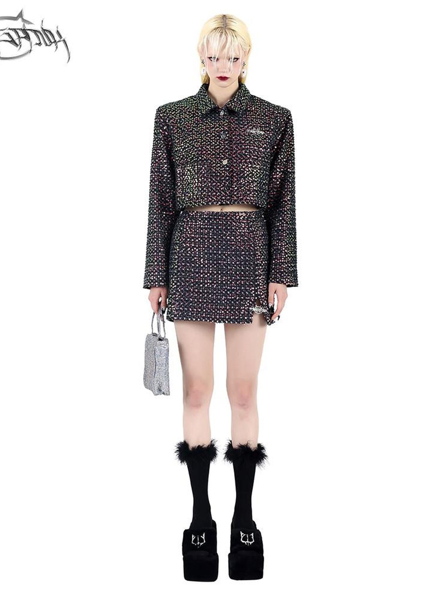 PINKSPINK Sparkling Sequin Polo Collar Button Jacket Skirt Women's Matching Skirt Sets