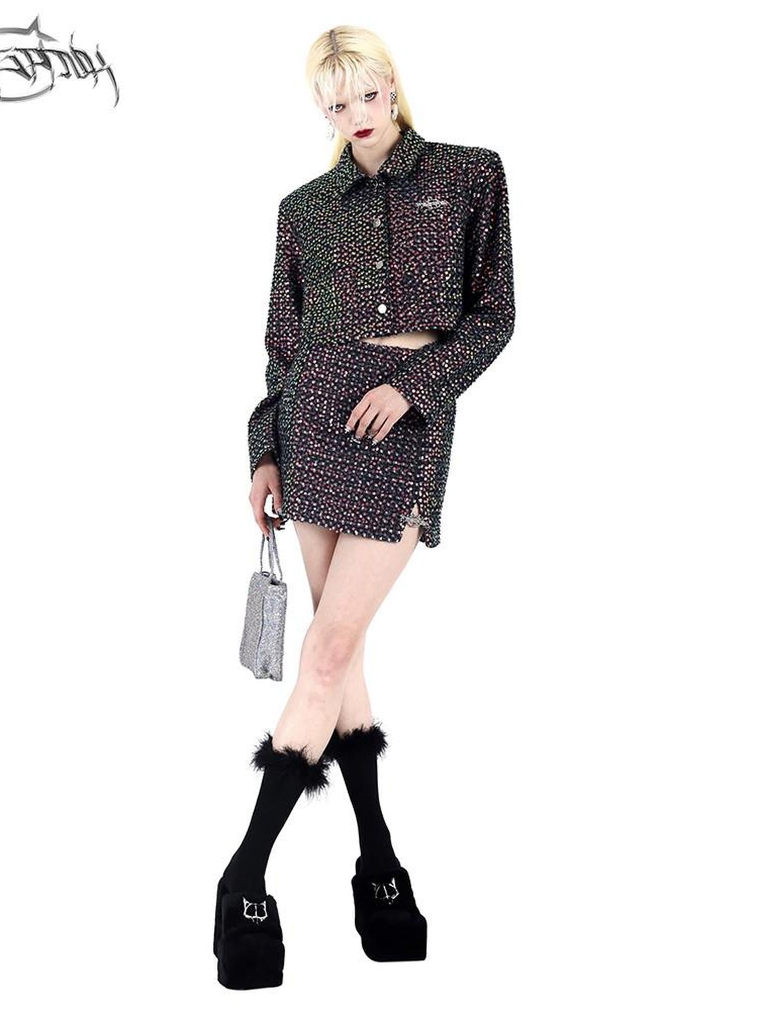 PINKSPINK Sparkling Sequin Polo Collar Button Jacket Skirt Women's Matching Skirt Sets