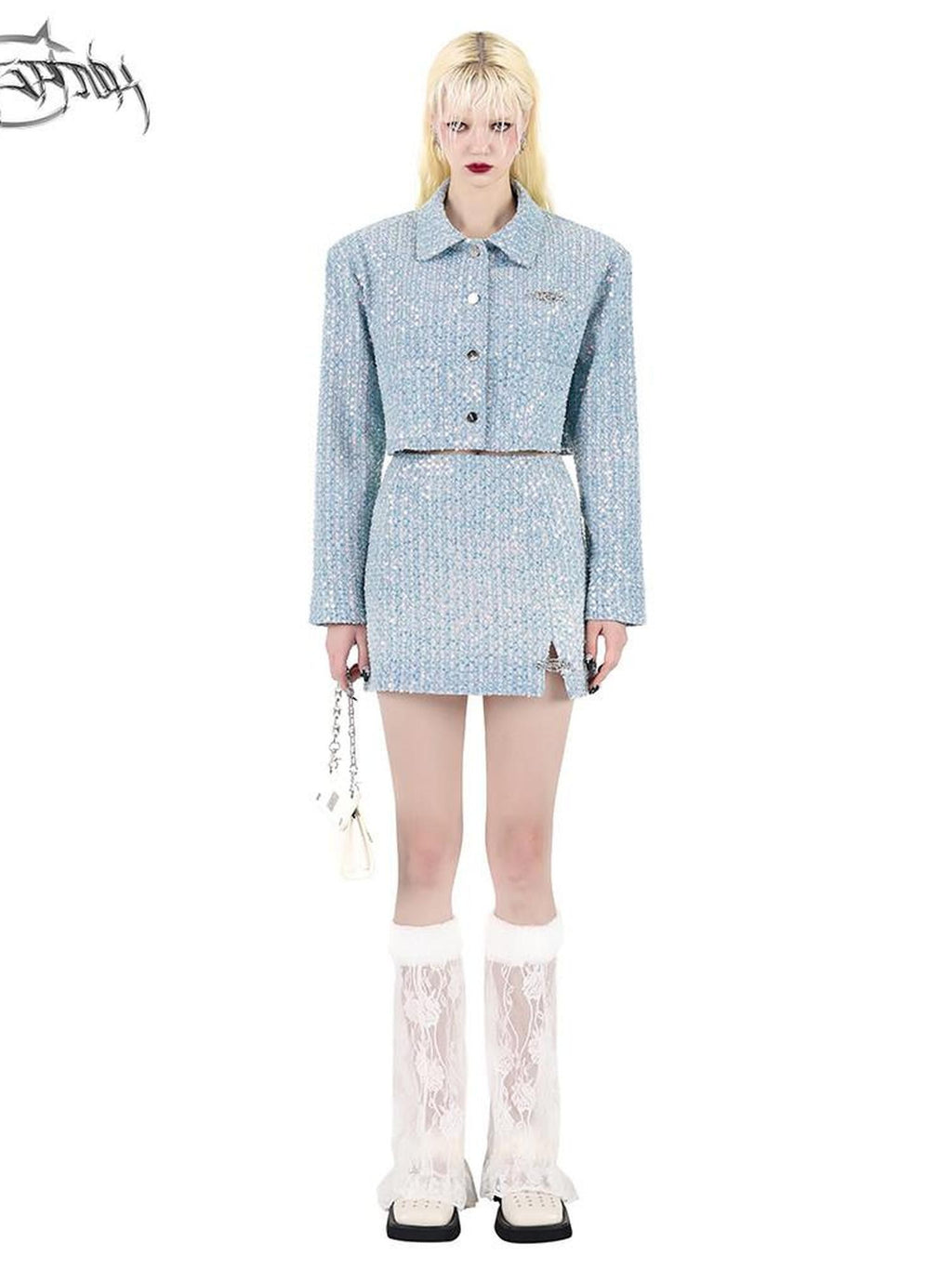 PINKSPINK Sparkling Sequin Polo Collar Button Jacket Skirt Women's Matching Skirt Sets