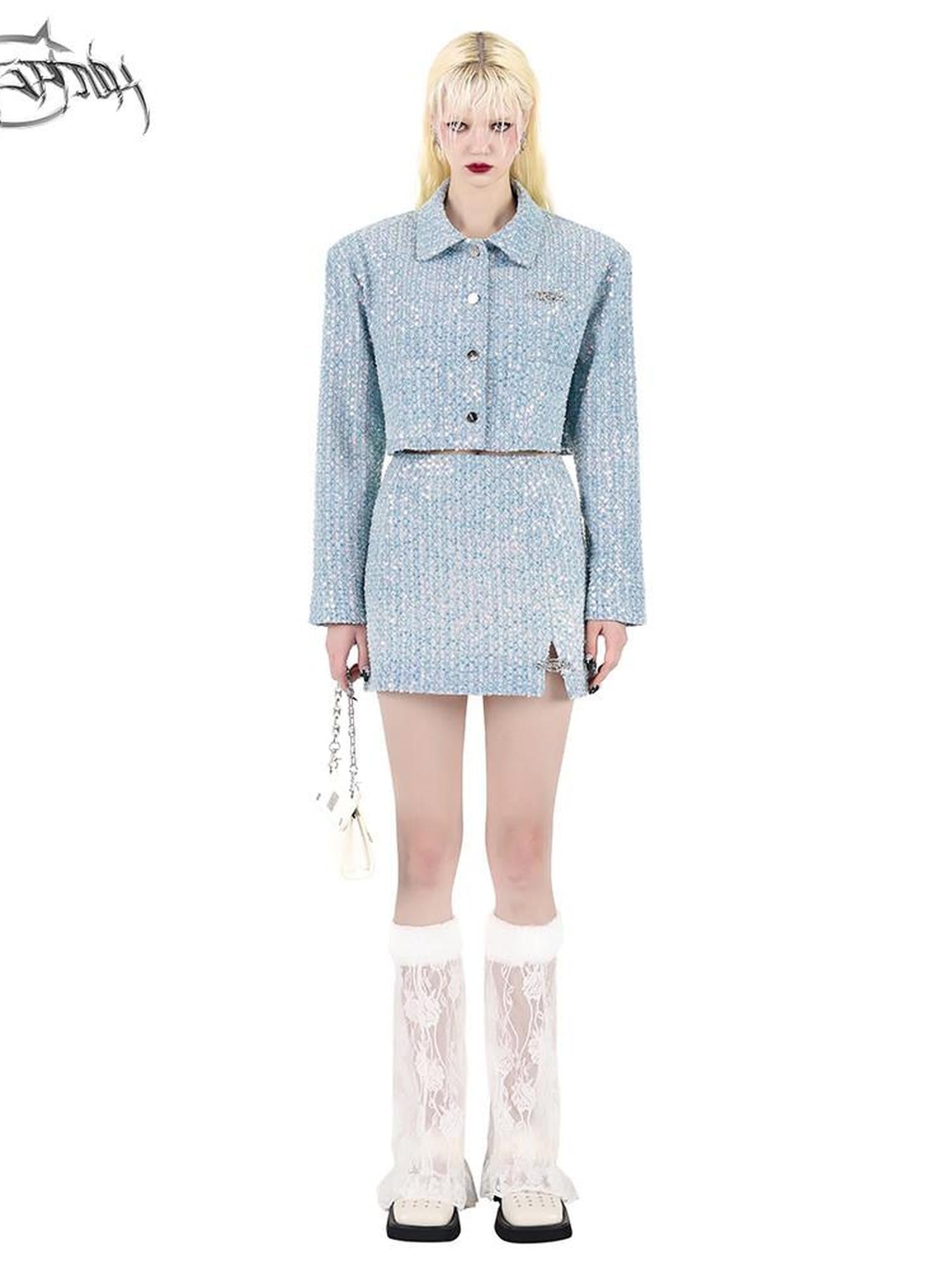 PINKSPINK Sparkling Sequin Polo Collar Button Jacket Skirt Women's Matching Skirt Sets