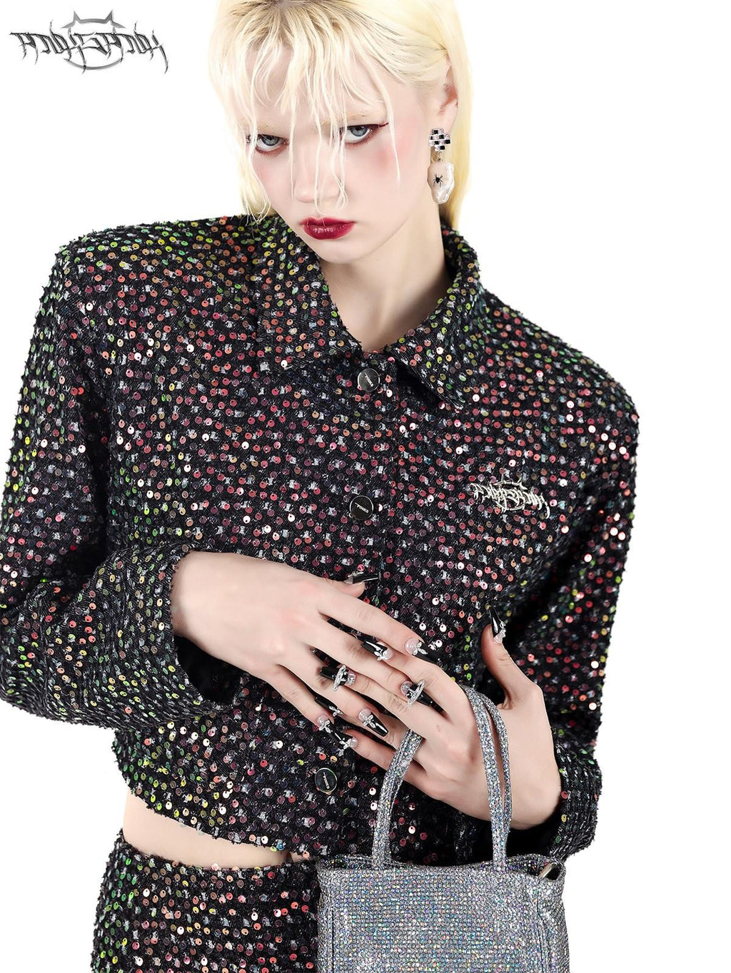 PINKSPINK Sparkling Sequin Polo Collar Button Jacket Skirt Women's Matching Skirt Sets
