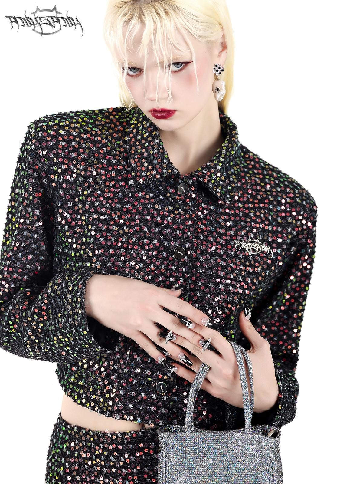 PINKSPINK Sparkling Sequin Polo Collar Button Jacket Skirt Women's Matching Skirt Sets