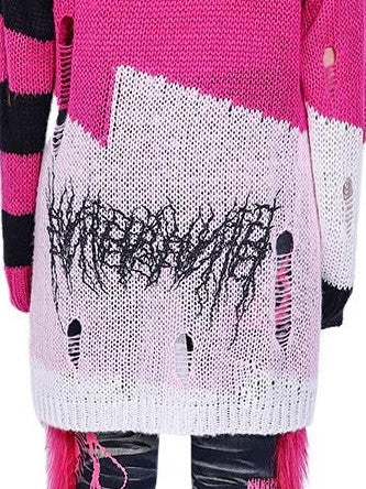PINKSPINK Sphinx Cat Asymmetrical Patchwork Distressed Lettering Striped Women's Sweaters