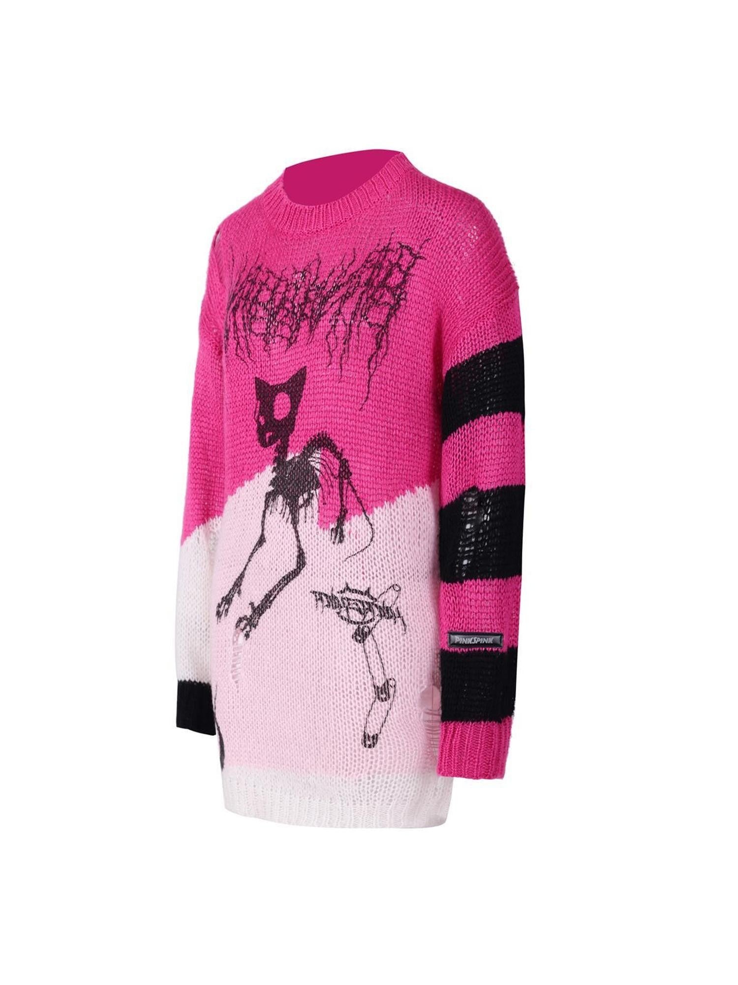 PINKSPINK Sphinx Cat Asymmetrical Patchwork Distressed Lettering Striped Women's Sweaters