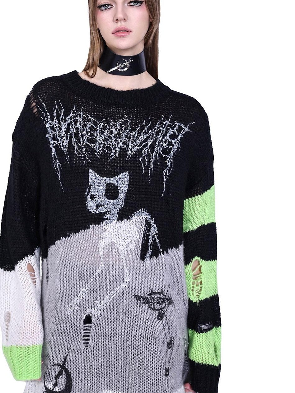 PINKSPINK Sphinx Cat Asymmetrical Patchwork Distressed Lettering Striped Women's Sweaters