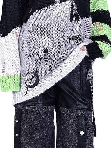 PINKSPINK Sphinx Cat Asymmetrical Patchwork Distressed Lettering Striped Women's Sweaters