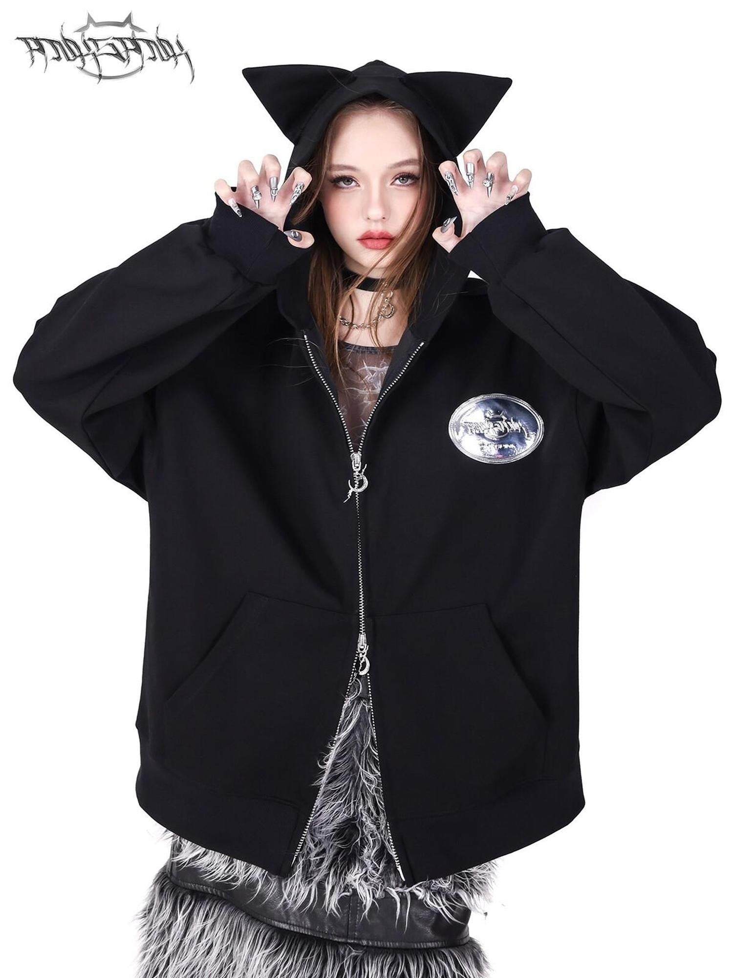 PINKSPINK Sphinx Cat Ear Double Zipper Letter Print Women's Black Zip-up Hoodies