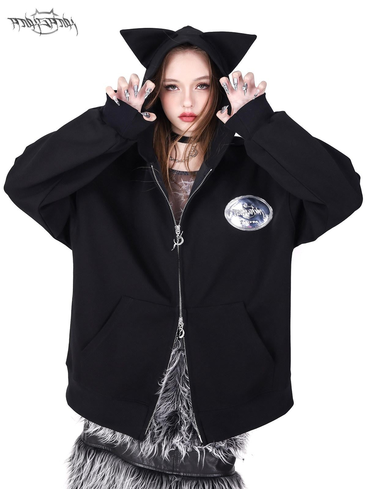 PINKSPINK Sphinx Cat Ear Double Zipper Letter Print Women's Black Zip-up Hoodies